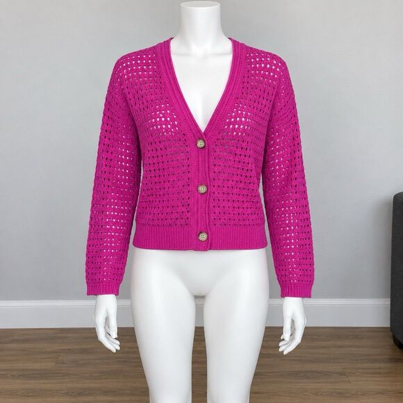 LOFT Sweaters - LOFT Womens XL Pink Pointelle Open Knit Cotton Cardigan Button V Neck Cropped